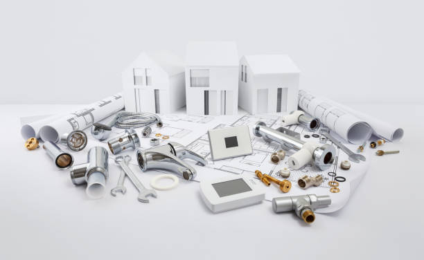 istock planning of house plumbing, components, equipment and plumber work tools on blueprint with model house, plumbing shop, technical assistance, supply and installation, heating and piping systems concept 1401160664