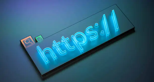 Photo of HTTPS - encryption to improve security. HTTPS concept with search sign and checkmark.Network security. Security concept in search engine and web browser address.3D render illustration.