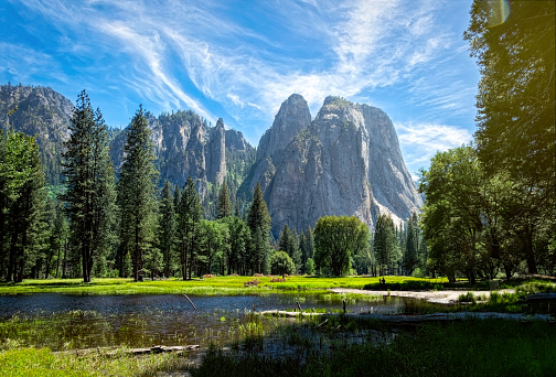 Yosemite Valley on a sunny summer afternoon viewed from Four Mile Trail, Yosemite Valley National Park, California, USA. Viewed from Four Mile Trail.