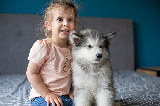 Little girl with dog lying on bed