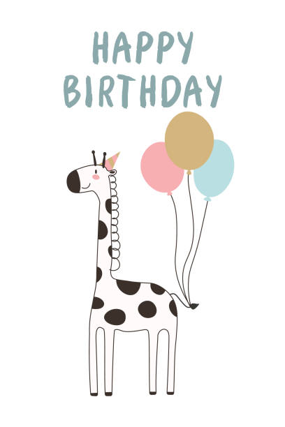 istock Vector Cartoon Cute Funny Giraffe, Baby Greeting Card. Happy Birhday. Full Length Giraffe with Ball, Design Template for Print, Birthday Card. Child, Kid Concept. Tall Funny Hand Drawn Giraffe EPS 1401162950