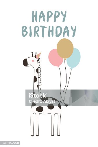 istock Vector Cartoon Cute Funny Giraffe, Baby Greeting Card. Happy Birhday. Full Length Giraffe with Ball, Design Template for Print, Birthday Card. Child, Kid Concept. Tall Funny Hand Drawn Giraffe EPS 1401162950