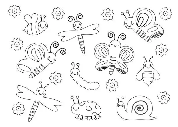 Vector illustration of Set of vector doodle insects cartoon set. Collection of modern line hand drawn bugs. EPS