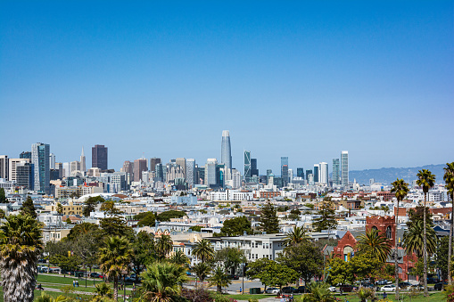 View of the skyline of downtown San Francisco from Dolores Park, California