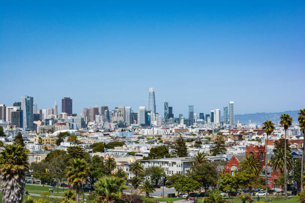 San Francisco skyline view from Dolores Park, California stock photo