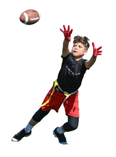 Young Athletic Boy Playing Flag Football Young boy (child) in a uniform playing in a youth flag football game broad catch stock pictures, royalty-free photos & images