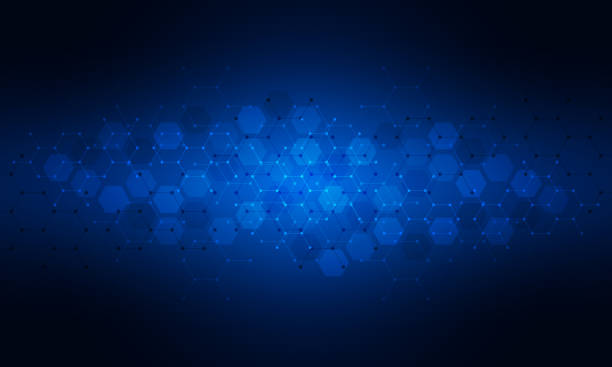 абстрактный технологический фон и элемент дизайна с шестиугольным узором и геометрическими фигурами для вашего черчения - dark blue background stock illustrations
