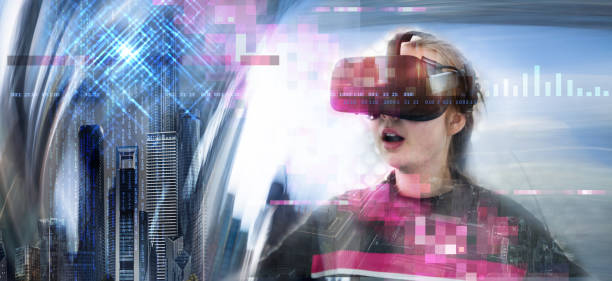 Young girl wearing VR headset, enjoying game, visual simulation.