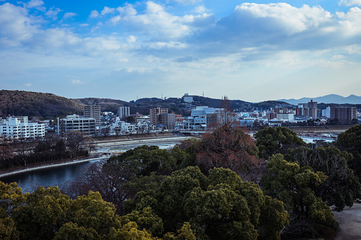 Okayama, Japan - January 03, 2020: Panoramic View to the Okayma City river