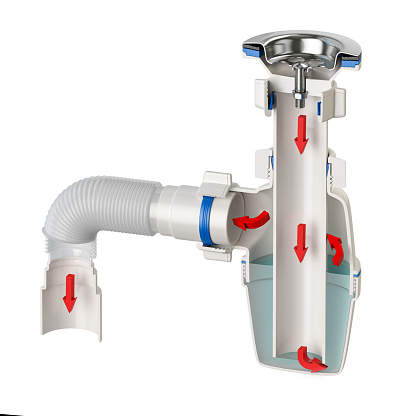 Cross section of siphon with bottle trap and pvc plastic pipes for sinks isolated on white. 3d illustration