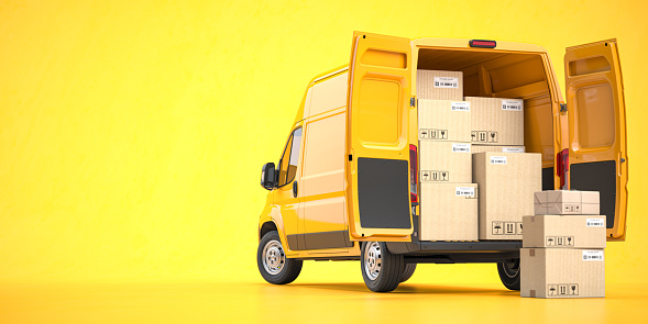 Fast espress delivery concept. Rear view of yellow delivery van with cardboard boxes on yellow background. 3d illustration