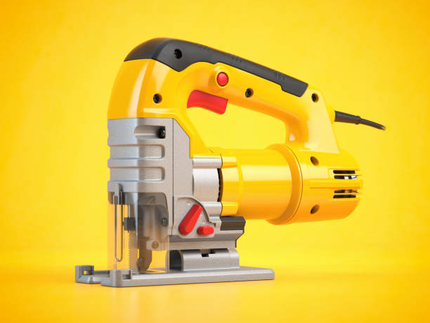Yellow electric jigsaw on yellow background. Electric tool for carpenter. 3d illustration