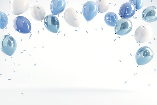Pastel balloons and confetti on blue background. 3d rendering, Birthday party, Father’s Day, New year background, Copy space.