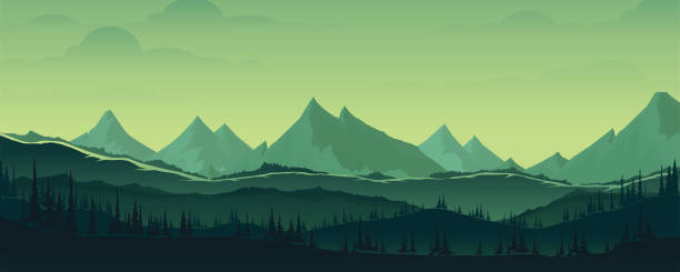 ilustrações de stock, clip art, desenhos animados e ícones de mountain landscape and pine forest. - sunset winter mountain peak european alps