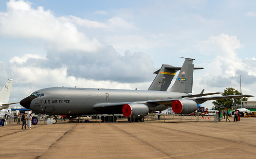 Changi Airport, Singapore - February 12, 2020 : Boeing KC-135R Stratotanker (Reg 63-8039) Of United States Air Force On Display In Singapore Airshow.