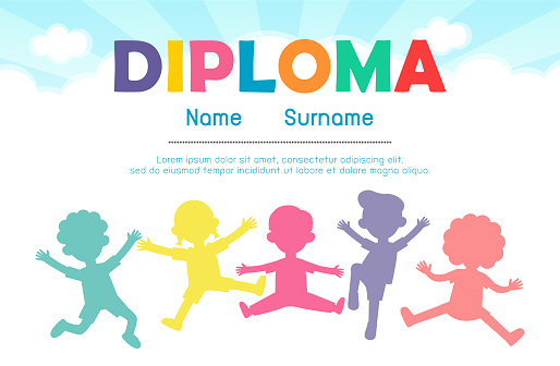 Diploma template for kids flat style, Certificates kindergarten and elementary, Preschool, isolated on background vector illustration
