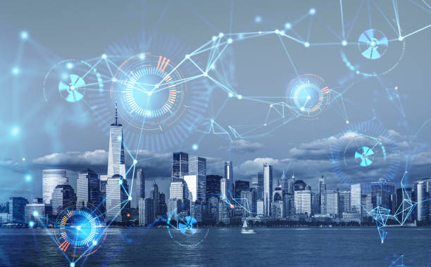 istock New York city skyscrapers financial downtown panoramic view. Digital interface 1401172414