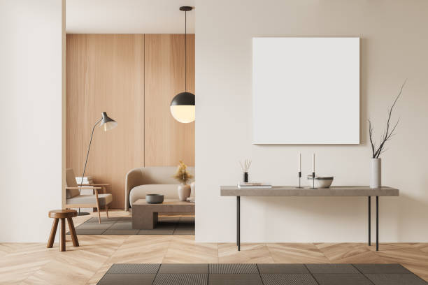 istock Chill room interior with seats and decoration, shelf with mockup frame 1401172509