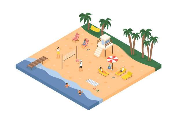 sommer strand isometrisch - lifestyle sports and fitness travel locations water stock-grafiken, -clipart, -cartoons und -symbole
