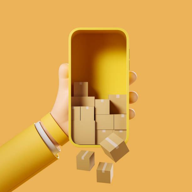 istock Cartoon hand with phone, boxes falling, online shopping and delivery 1401172523