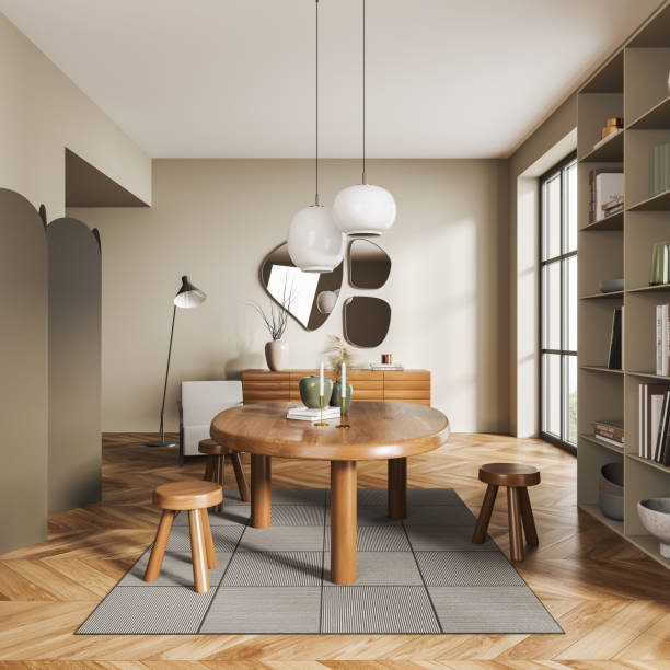 istock Dining room interior with table and shelf with decoration, panoramic window 1401172644