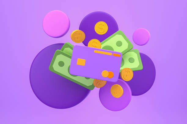 istock Credit card with money on light purple background 1401172728