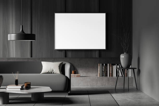 istock Grey relax room interior with couch and coffee table, shelf and mockup frame 1401172751