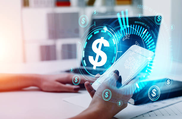 istock Businesswoman with phone in hand, sphere with binary, online payment 1401173709