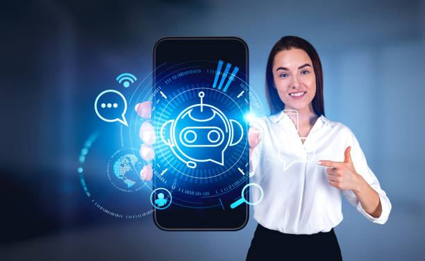 istock Businesswoman show smartphone, voice chat with security icons, binary 1401173802
