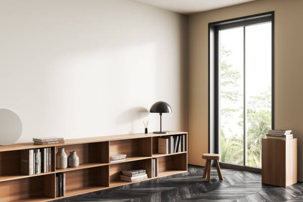 istock Light art room interior with shelf and decoration, window and mockup 1401173835