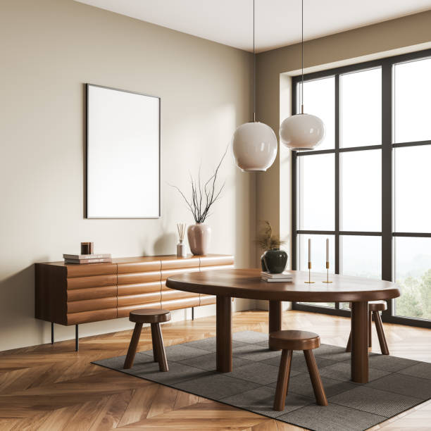 istock Light dining room interior with seats and table, window and mockup poster 1401173919