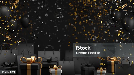 istock Black friday sale banner design of gift box and shopping bag with confetti falling 3d render 1401176193