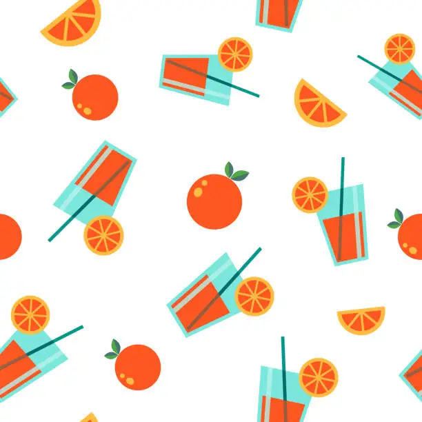 Vector illustration of Orange juice glasses, orange fruits and orange slices vector seamless repeating pattern abstract background teaxure tile in flat style. Gift wrapping paper print. Backdrop. Repeating design template