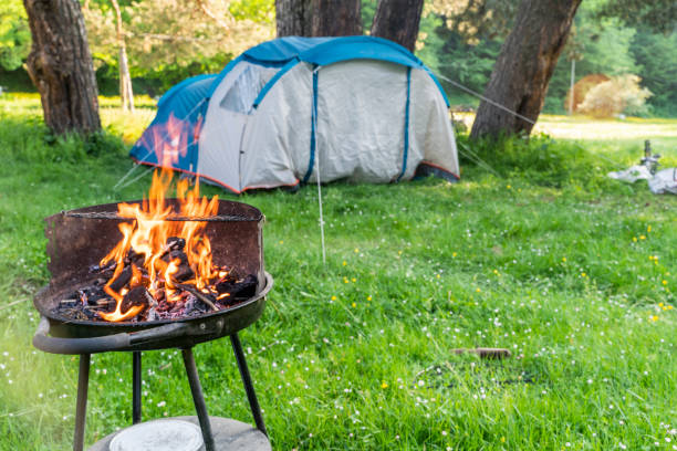 istock camping tent and barbecue fire background photo in forest 1401176497
