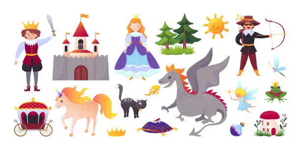 Vector illustration of Fairy characters. Tale with cartoon king and queen. Unicorn or dragon. Medieval castle. Prince and princess. Horse with coach. Magic palace. Vector fiction story illustration elements set