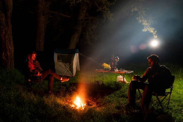 istock Image of two friends camping in the forest at dusk 1401177322