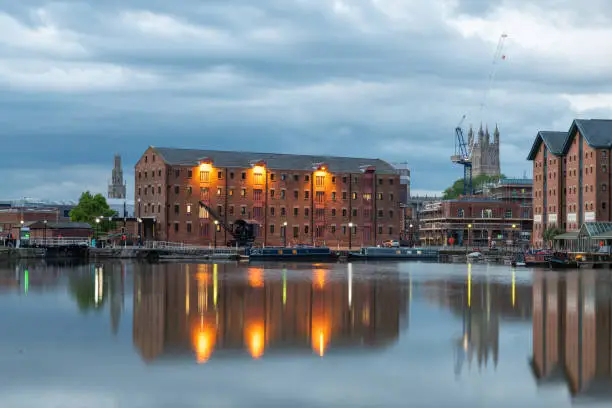 View of the North quay Gloucester docks at dusk