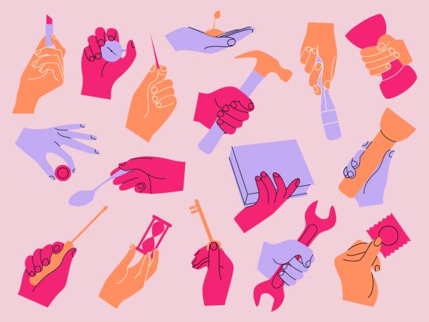 stockillustraties, clipart, cartoons en iconen met doodle hands. minimalistic doodle arms holding different objects. hammer or wrench in fist. human body. stopwatch and key. lipstick in fingers. flower on palm. vector graphic collection - condoom