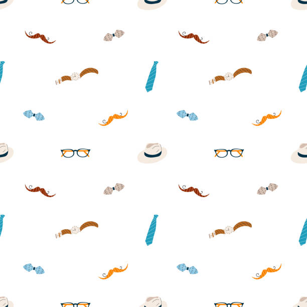 Father's Day seamless pattern background Father's Day seamless pattern background. Vector pattern with mustashe, neck tie, bow, glasses, hat, watch. Repeating texture for dad party masculinity stock illustrations