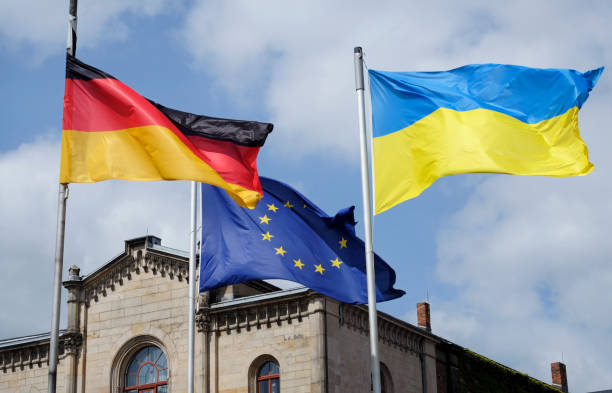istock The flags of Ukraine, Germany, and the EU 1401178657