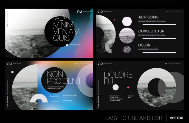 Editable vector presentation templates with design elements and infographics Editable vector presentation templates with design elements and infographics. Background for presentation. Vector Slide, flyer, report, marketing, advertising, annual report, banner minimal magazine layout stock illustrations