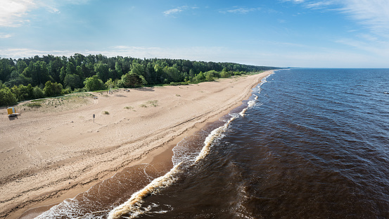 View of Saulkrasti beach in the summer morning. View from a drone