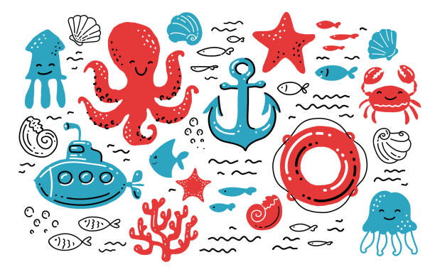 ilustrações, clipart, desenhos animados e ícones de conjunto temático náutico. conceito marinho. ilustração de vetor de desenho animado bonito - submarine underwater water sea
