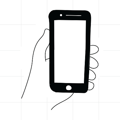 Person holding phone on white background, hand drawing . Ready-to-use template in many fields