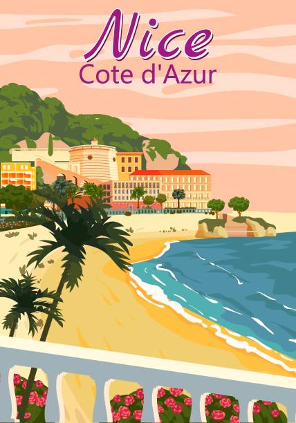 Nice French Riviera coast poster vintage. Resort, coast, sea, palms, beach. Retro style illustration vector Nice French Riviera coast poster vintage. Resort, coast, sea, palms, beach. Retro style illustration vector isolated nice france stock illustrations