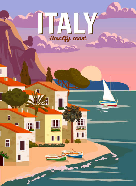 ilustrações, clipart, desenhos animados e ícones de pôster retrô itália, paisagem romântica mediterrânea, montanhas, cidade litorânea, veleiro, mar. pôster de viagem retrô - liguria