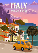 istock Retro Poster Italy, mediterranean romantic landscape, road, car, mountains, seaside town, sailboat, sea. Retro travel poster 1401184641