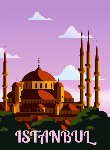 Retro Poster Istanbul, sunset city Turkey, Noble Hagia Sophia Grand Mosque. Vintage touristic postcard, placard, vector illustration isolated