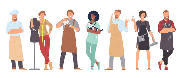 Small business owners and stuff. Barista, chef, tailor, hairdresser, baker and barber. Local business rofessional characters vector illustrations.