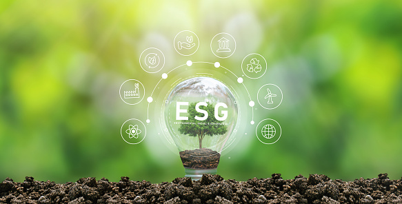 ESG icon concept in hand-held bulb for environmental, social and governance in sustainable and ethical business on network connection. icon on a light bulb with a growing tree